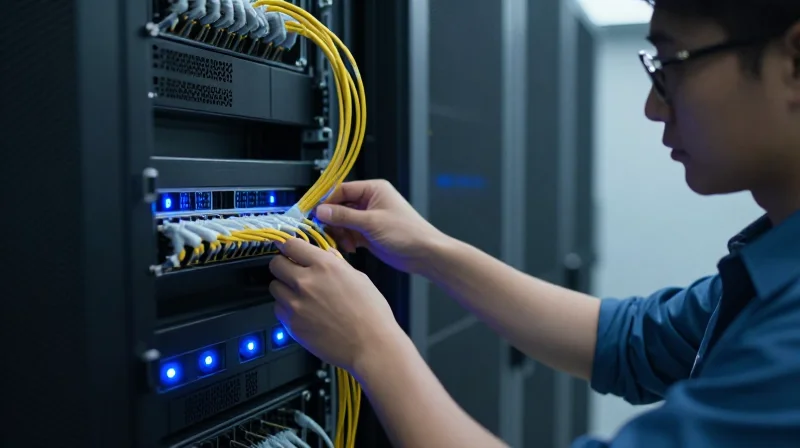 Rigorous Testing Protocols for Mission-Critical Infrastructure A professional network engineer working on testing hardware in a laboratory setting with Cisco switches.
