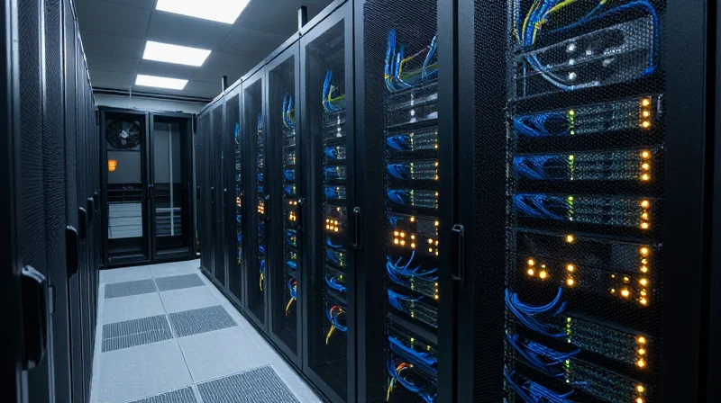 Optimizing Performance for High-Density Data Centers Wide shot of a high-density data center aisle with glowing server lights and perfect cable management.
