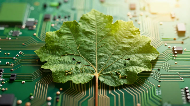 Sustainability and Life-Cycle Management Conceptual art showing a green circuit board in the shape of a leaf to represent eco-friendly technology.