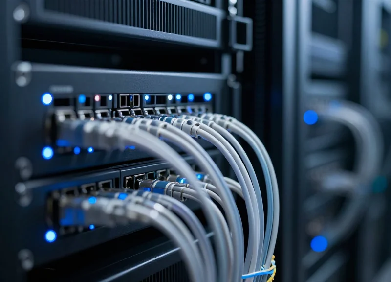 High-end datacenter server racks with glowing fiber optic cables and blue cinematic lighting representing premium network infrastructure.