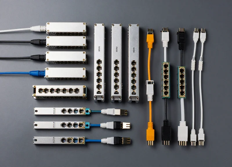 A professional flat lay of various networking hardware components like SFP modules and fiber optic cables neatly organized on a clean surface.