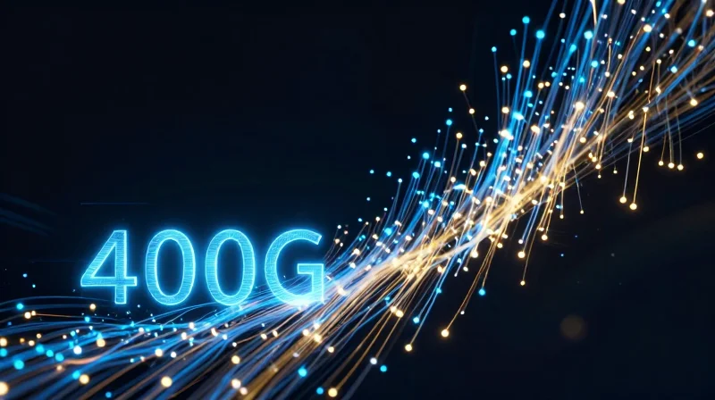 Abstract visualization of data speed evolution from 100G to 400G using glowing light streams.