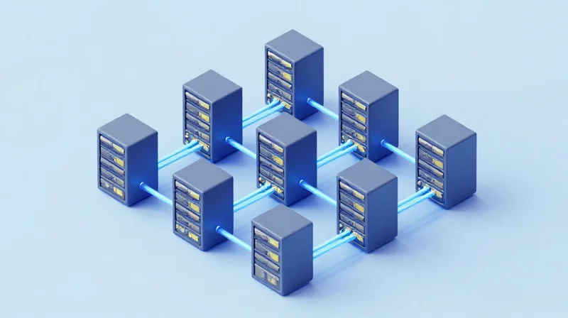 Isometric 3D model of a data center leaf-spine network architecture with 400G connections.