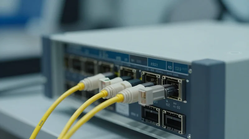 Close-up photorealistic shot of an optical transceiver being tested in a professional lab environment.