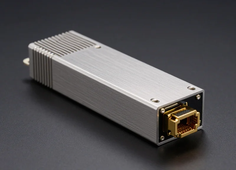 A close-up, professional studio photograph of a 400G QSFP-DD optical transceiver module, featuring a sleek metallic casing and gold-plated electrical contacts.