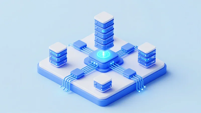 An isometric 3D illustration of a high-density data center network rack with modular 400G connections and glowing optical pathways.