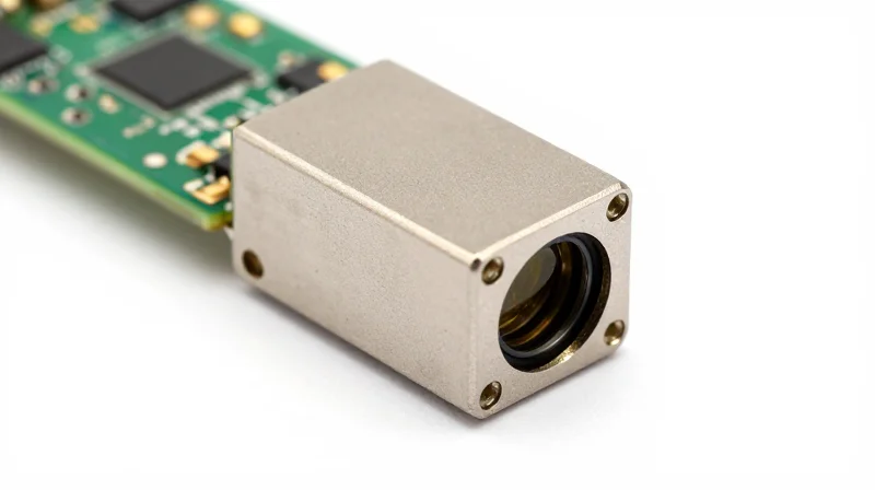 A professional macro studio shot of a 400G optical transceiver module focusing on its metallic housing and high-quality finish.