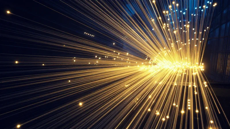 An abstract visualization of high-speed data packets moving through a fiber optic tunnel with light trails.