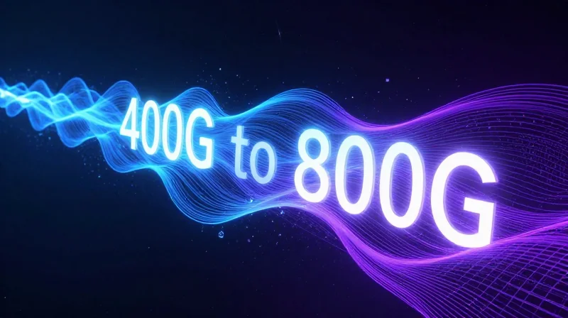 An abstract futuristic vision of network speeds evolving from 400G to 800G, shown as expanding light waves.