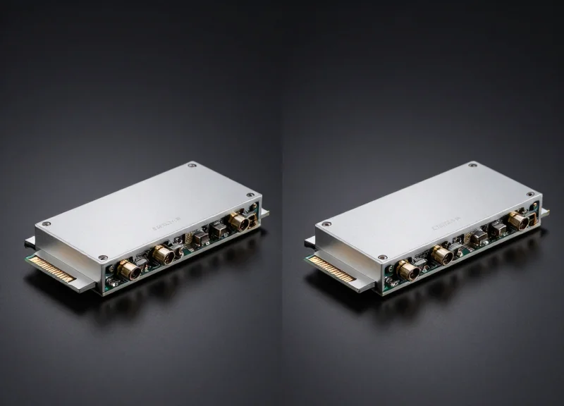 Two high-performance 400G optical transceiver modules placed side-by-side on a reflective dark surface, showcasing their metallic casing and fiber optic ports in a professional studio setting.