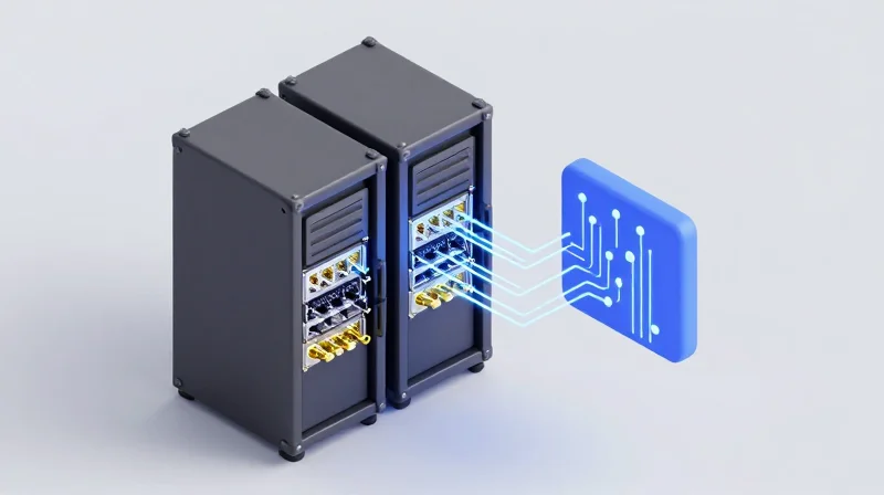Engineering Excellence: How Ubytelink Ensures 100% Compatibility Isometric 3D model of a network server rack and 400G modules.