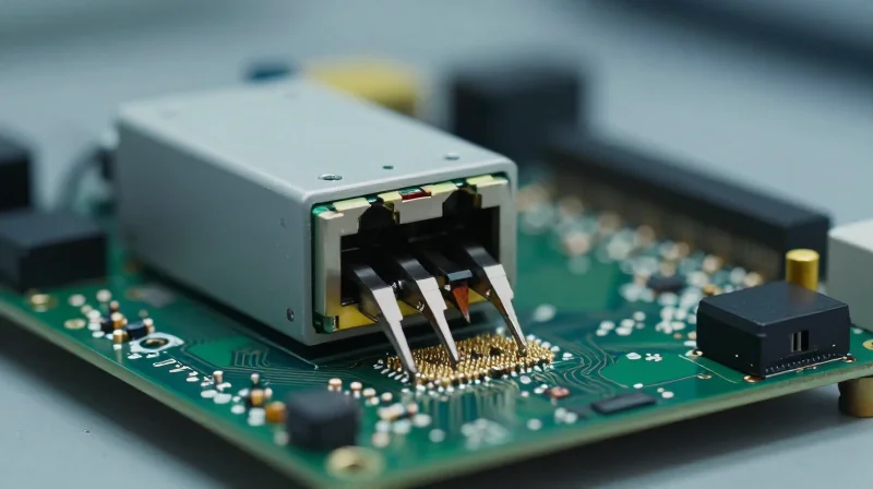 Performance and Reliability: The Ubytelink Testing Protocol Macro photography of an optical module undergoing technical testing.