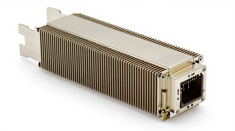 Power Consumption and Thermal Management in 400G Modules Macro shot of 400G module heat sink ridges.