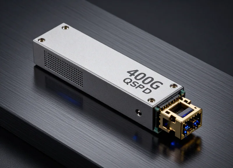 A high-end 400G optical transceiver module for Arista network switches, showing premium metallic finish and professional industrial design.