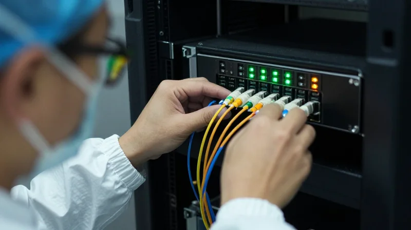 Ensuring Zero Downtime: Testing and Compatibility Verification A technician testing a network module in a data center environment.