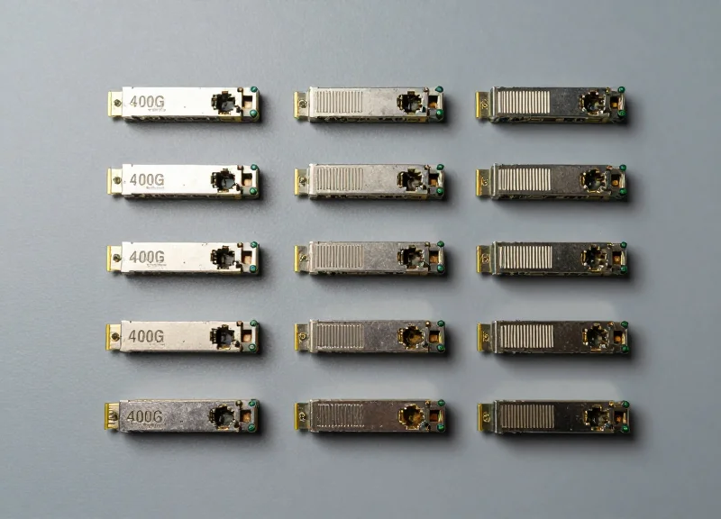 A collection of high-speed 400G QSFP-DD optical transceivers neatly arranged in a symmetric grid on a professional matte grey surface, showcasing industrial hardware design.