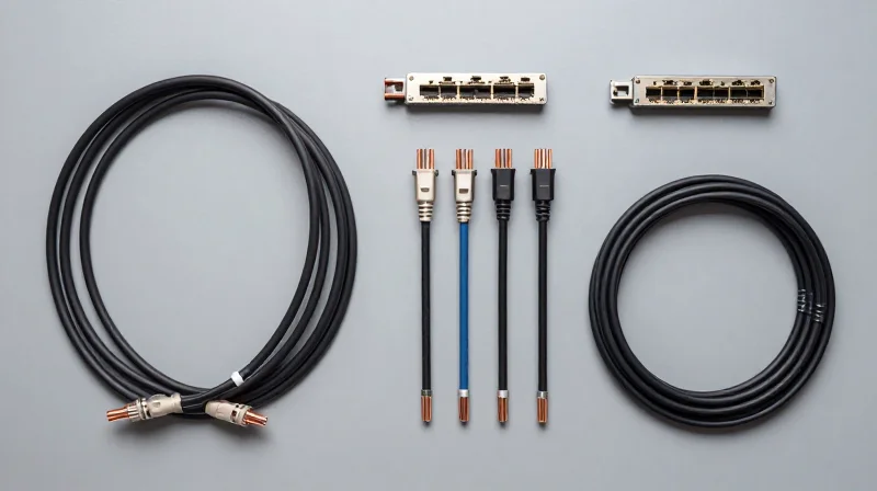 Understanding the NVIDIA LinkX Portfolio A professional collection of various high-speed networking interconnects including copper and fiber optic cables neatly arranged on a clean background.