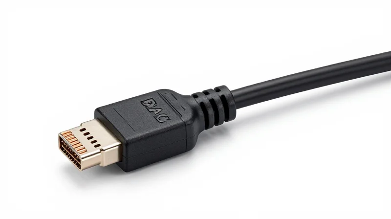 Direct Attach Copper (DAC): The Low-Latency Standard Close-up shot of a Direct Attach Copper (DAC) cable showing the high-quality connector and thick shielded cabling.