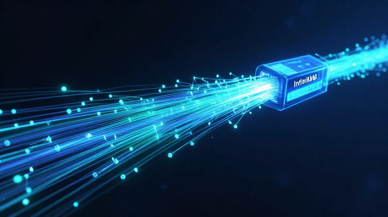 The InfiniBand Advantage in AI Networking Abstract representation of high-speed InfiniBand data transmission with glowing nodes and fast-moving light streams.