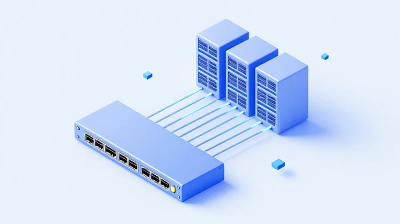 Compatibility and Interoperability with NVIDIA Spectrum and ConnectX 3D isometric illustration showing a network switch connected to multiple server network cards via high-speed cables.
