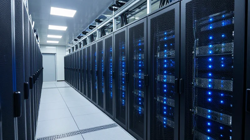Deployment Use Cases: From Enterprise Cloud to AI Factories A modern, high-tech AI factory data center aisle with racks of servers and tidy cable management.