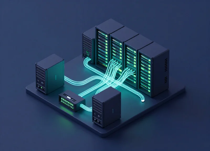 Isometric 3D illustration showing interconnected network modules and server racks with glowing light paths representing high-speed link solutions in a data center.