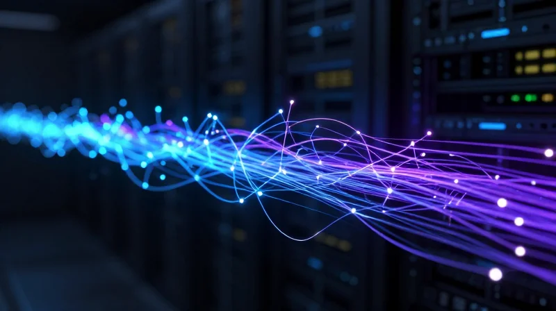 The Current Landscape of High-Speed Interconnects Abstract digital representation of high-speed data flow in a modern data center architecture.