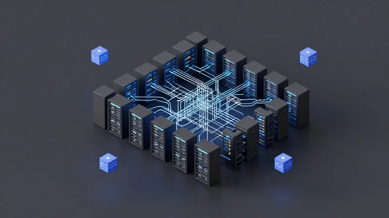 Scalability and Reliability in Large-Scale Clusters Isometric 3D illustration of a modular server cluster with glowing interconnection lines representing network scalability.