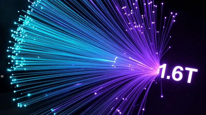 The Future of Interconnects: Toward 1.6T and CXL Futuristic visualization of high-speed 1.6T data transmission with glowing fiber optic trails.