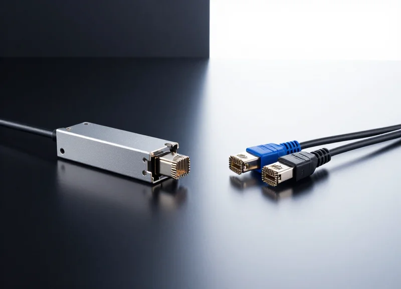 A professional side-by-side comparison of two sets of high-performance networking transceivers and cables on a clean, dark reflective surface.