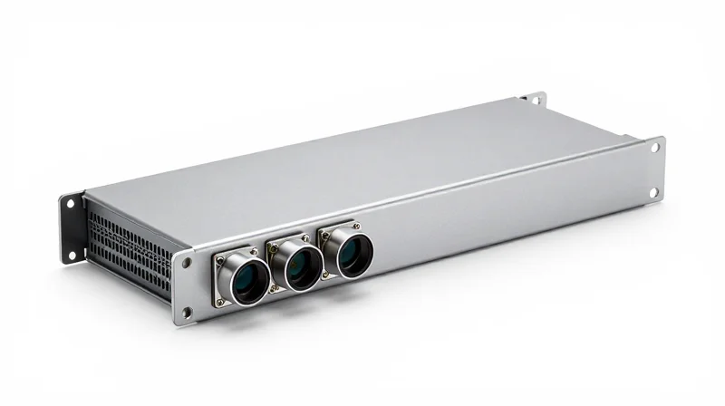 A professional studio shot of a high-performance networking optical transceiver component.