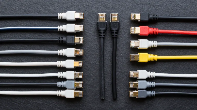 A neatly arranged flat lay of DAC and AOC networking cables on a dark surface.