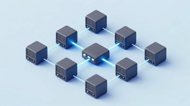 An isometric 3D illustration showing the connection between network adapters and switches.