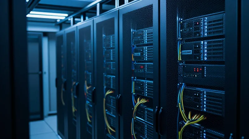 High-density server racks in a modern data center with blue ambient lighting.