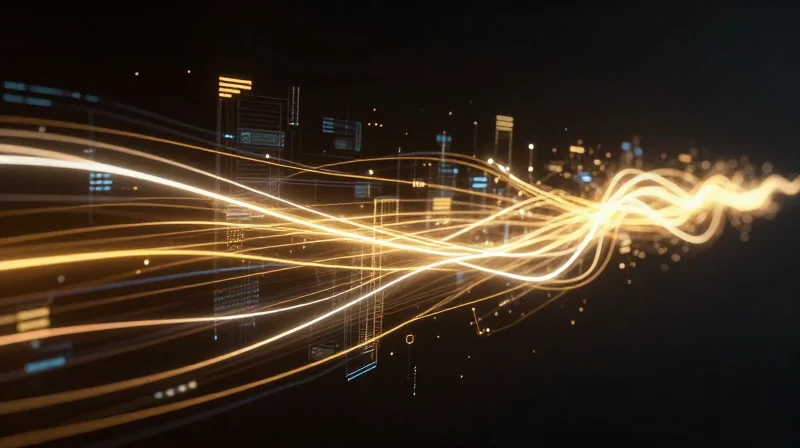 Abstract visualization of high-speed data flow within an AI computing environment.