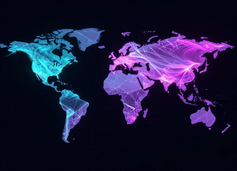 A high-tech abstract visualization of global network links with glowing fiber optic paths and digital connectivity nodes.