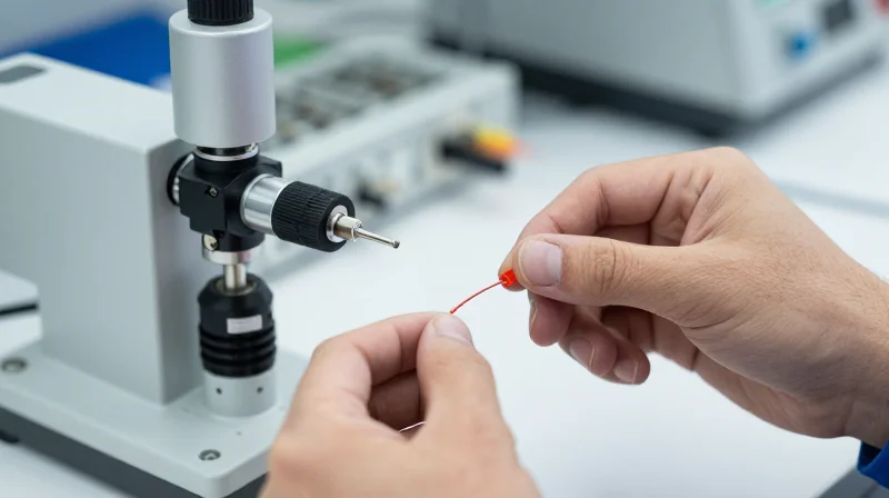 Ensuring EEAT: Quality Control and Performance Validation Close-up of technical quality validation on fiber optic components in a laboratory.