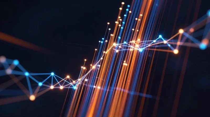 Maximizing ROI with Optimized Interconnect Solutions Abstract data visualization showing upward growth and financial optimization for network investments.