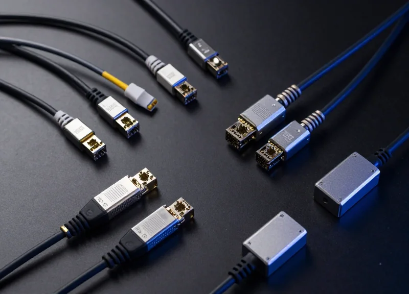 A professional top-down flat lay of various high-end networking hardware components like transceivers and fiber optic cables neatly organized on a clean dark surface.