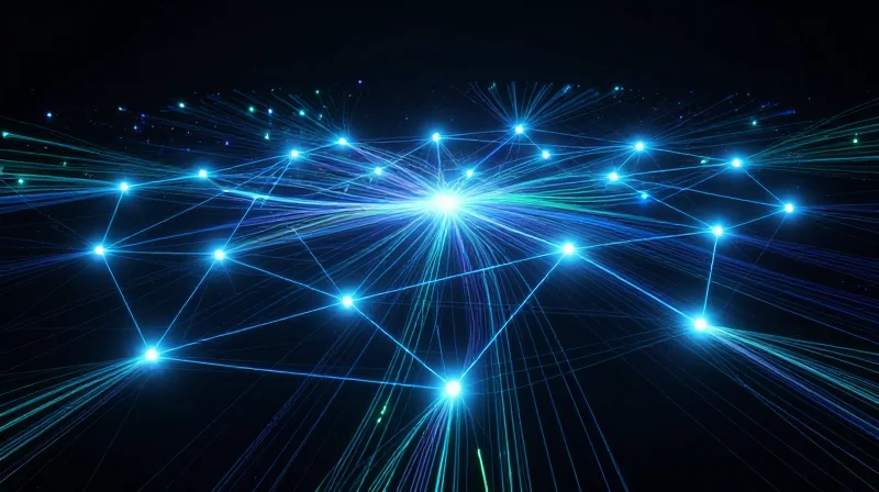The Juniper Optical Ecosystem: An Overview Abstract digital visualization of a high-speed network ecosystem with glowing fiber optic connections and data nodes.