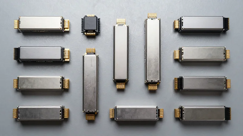 Deconstructing Form Factors: SFP, QSFP, and CFP A collection of various fiber optic transceiver modules neatly arranged on a gray industrial surface.
