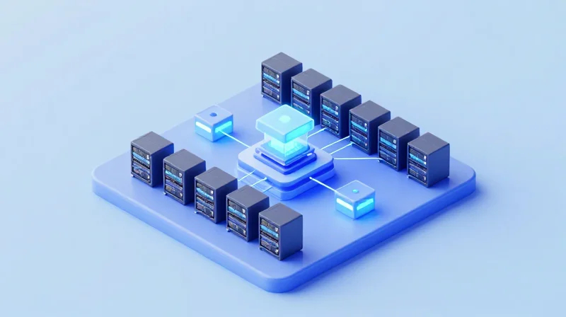 Deployment Scenarios: Data Center, Core, and Edge Isometric 3D illustration of a modular data center network with fiber optic connections.