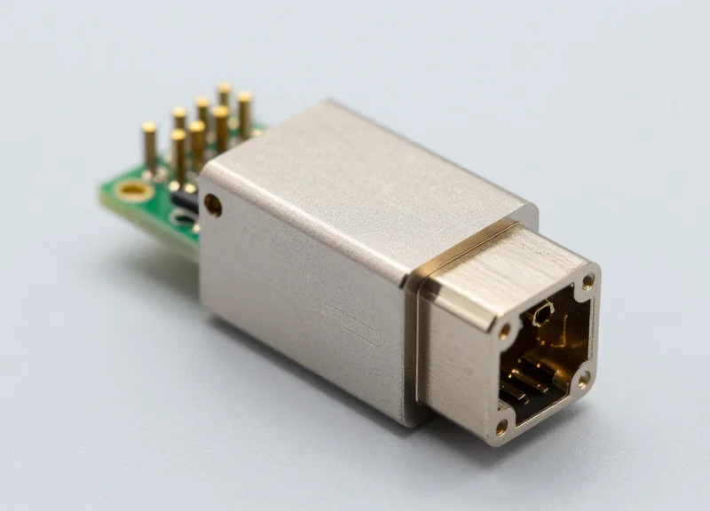 A close-up view of a high-performance fiber optic transceiver module, showing its metallic casing and intricate connectivity port in a professional studio setting.