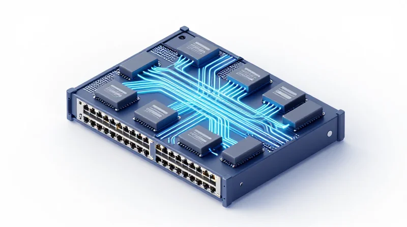 The Strategic Importance of Optics in Juniper Ecosystems Isometric 3D illustration of a network switch module integrating into a hardware chassis with glowing data pathways.