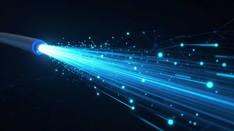 Latency Benchmarks: Do Third-Party Optics Slow Down Your Network? Abstract tech visualization of high-speed light signals traveling through fiber optic cables in a dark futuristic environment.