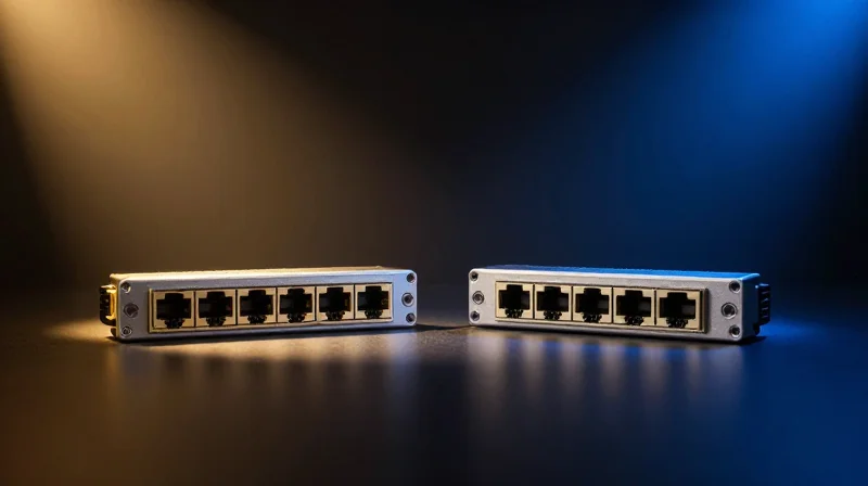 Reliability Metrics: Mean Time Between Failure (MTBF) Comparison Two SFP transceivers side-by-side on a reflective surface under contrasting spotlights for comparison.