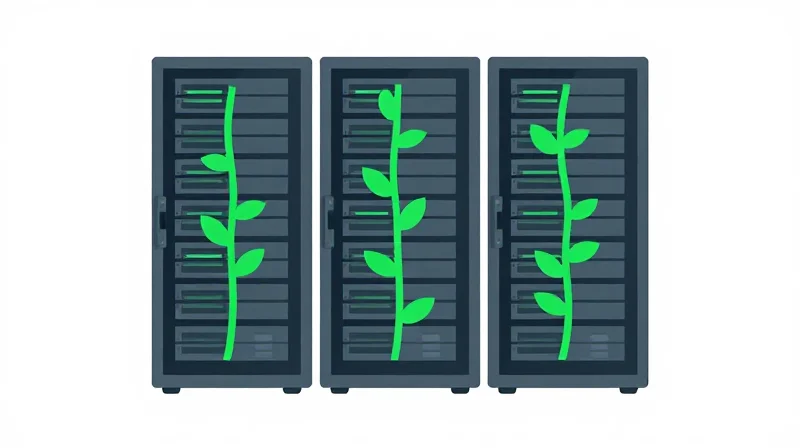 Sustainable Networking: The Green Advantage of High-Efficiency Optics Flat vector illustration of a server rack with green light patterns representing energy efficiency.