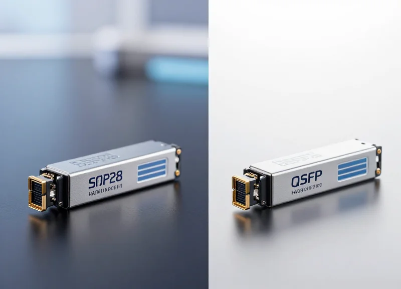 Side-by-side comparison of two high-performance optical transceiver modules on a professional studio background with symmetrical lighting.