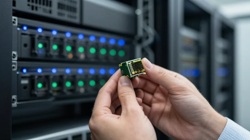 The Ubytelink Advantage: Rigorous Testing and Quality Assurance A technician inspecting an optical transceiver in a professional network lab environment.