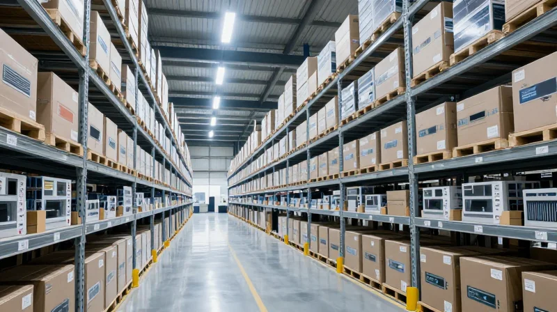 Global Supply Chain and Rapid Deployment for Enterprise Scalability A modern warehouse showing efficient logistics for global distribution.